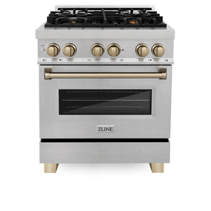 ZLINE - Autograph Edition 30 in. 4.0 cu. ft. Legacy Dual Fuel Range with 4 Burner Gas Cooktop and Electric Convection Oven in Satin Stainless Steel and Champagne Bronze Accents