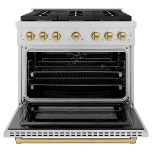 ZLINE - Autograph Edition 36 in. 5.2 cu. ft. Paramount Dual Fuel Range with 6 Burner Gas Cooktop and Electric Convection Oven in Satin Stainless Steel with Champagne Bronze Accents