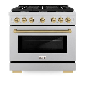 ZLINE - Autograph Edition 36 in. 5.2 cu. ft. Paramount Dual Fuel Range with 6 Burner Gas Cooktop and Electric Convection Oven in Satin Stainless Steel with Champagne Bronze Accents