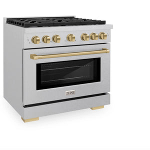 ZLINE - Autograph Edition 36 in. 5.2 cu. ft. Paramount Dual Fuel Range with 6 Burner Gas Cooktop and Electric Convection Oven in Satin Stainless Steel with Champagne Bronze Accents