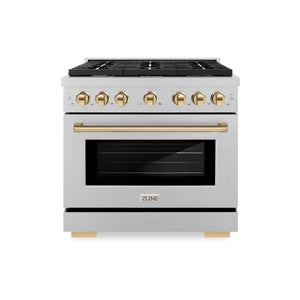 ZLINE - Autograph Edition 36 in. 5.2 cu. ft. Paramount Dual Fuel Range with 6 Burner Gas Cooktop and Electric Convection Oven in Satin Stainless Steel with Polished Gold Accents