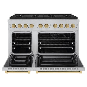 ZLINE - Autograph Edition 48 in. 6.7 cu. ft. Paramount Double Oven Dual Fuel Range with 8 Burner Gas Cooktop in Satin Stainless Steel and Champagne Bronze Accents