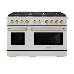 ZLINE - Autograph Edition 48 in. 6.7 cu. ft. Paramount Double Oven Dual Fuel Range with 8 Burner Gas Cooktop in Satin Stainless Steel and Champagne Bronze Accents