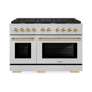 ZLINE - Autograph Edition 48 in. 6.7 cu. ft. Paramount Double Oven Dual Fuel Range with 8 Burner Gas Cooktop in Satin Stainless Steel and Polished Gold Accents