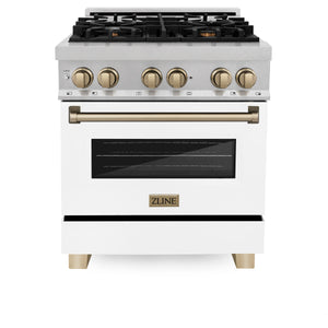 ZLINE - Autograph Edition 30 in. 4.0 cu. ft. Legacy Dual Fuel Range with 4 Burner Gas Cooktop and Electric Convection Oven in Satin Stainless Steel with White Matte Door and Champagne Bronze Accents