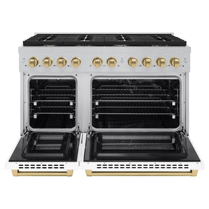 ZLINE - Autograph Edition 48 in. 6.7 cu. ft. Paramount Double Oven Dual Fuel Range with 8 Burner Gas Cooktop in Satin Stainless Steel with White Matte Doors and Champagne Bronze Accents