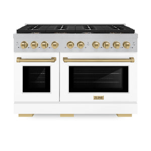 ZLINE - Autograph Edition 48 in. 6.7 cu. ft. Paramount Double Oven Dual Fuel Range with 8 Burner Gas Cooktop in Satin Stainless Steel with White Matte Doors and Champagne Bronze Accents