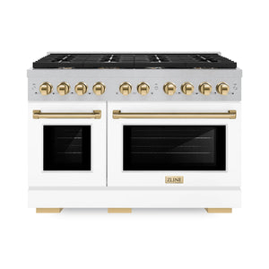 ZLINE - Autograph Edition 48 in. 6.7 cu. ft. Paramount Double Oven Dual Fuel Range with 8 Burner Gas Cooktop in Satin Stainless Steel with White Matte Doors and Polished Gold Accents