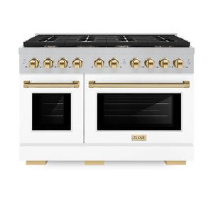 ZLINE - Autograph Edition 48 in. 6.7 cu. ft. Paramount Double Oven Dual Fuel Range with 8 Burner Gas Cooktop in Satin Stainless Steel with White Matte Doors and Polished Gold Accents