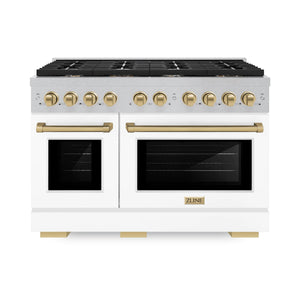 ZLINE - Autograph Edition 48 in. 6.7 cu. ft. Paramount Double Oven Gas Range with 8 Burner Cooktop in Satin Stainless Steel with White Matte Doors and Champagne Bronze Accents