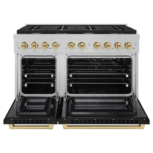 ZLINE - Autograph Edition 48 in. 6.7 cu. ft. Paramount Double Oven Gas Range with 8 Burner Cooktop in Satin Stainless Steel with Black Matte Doors and Champagne Bronze Accents