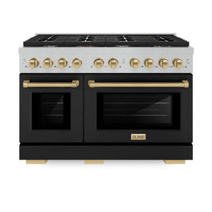 ZLINE - Autograph Edition 48 in. 6.7 cu. ft. Paramount Double Oven Gas Range with 8 Burner Cooktop in Satin Stainless Steel with Black Matte Doors and Champagne Bronze Accents