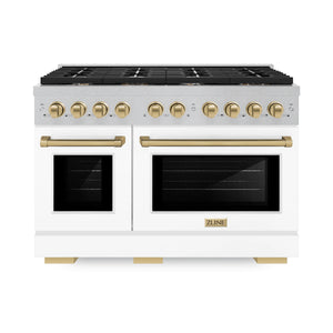 ZLINE - Autograph Edition 48 in. 6.7 cu. ft. Paramount Double Oven Gas Range with 8 Burner Cooktop in Satin Stainless Steel with White Matte Doors and Champagne Bronze Accents