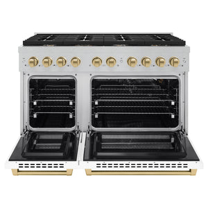 ZLINE - Autograph Edition 48 in. 6.7 cu. ft. Paramount Double Oven Gas Range with 8 Burner Cooktop in Satin Stainless Steel with White Matte Doors and Champagne Bronze Accents