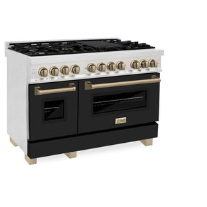 ZLINE - Autograph Edition 48 in. 6.0 cu. ft. Legacy Dual Fuel Range with 7 Burner Gas Cooktop and 2 Electric Ovens in Satin Stainless Steel with Black Matte Doors and Champagne Bronze Accents