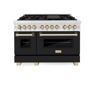 ZLINE - Autograph Edition 48 in. 6.0 cu. ft. Legacy Dual Fuel Range with 7 Burner Gas Cooktop and 2 Electric Ovens in Satin Stainless Steel with Black Matte Doors and Polished Gold Accents