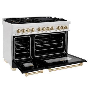 ZLINE - Autograph Edition 48 in. 6.0 cu. ft. Legacy Dual Fuel Range with 7 Burner Gas Cooktop and 2 Electric Ovens in Satin Stainless Steel with Black Matte Doors and Polished Gold Accents