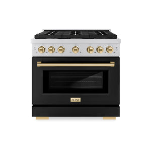 ZLINE - Autograph Edition 36 in. 5.2 cu. ft. Paramount Dual Fuel Range with 6 Burner Gas Cooktop and Electric Convection Oven in Stainless Steel with Black Matte Door and Polished Gold Accents