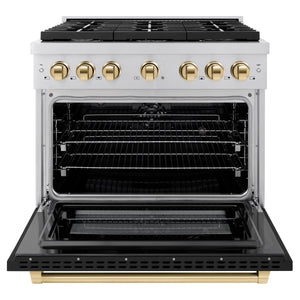 ZLINE - Autograph Edition 36 in. 5.2 cu. ft. Paramount Dual Fuel Range with 6 Burner Gas Cooktop and Electric Convection Oven in Stainless Steel with Black Matte Door and Polished Gold Accents
