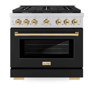 ZLINE - Autograph Edition 36 in. 5.2 cu. ft. Paramount Dual Fuel Range with 6 Burner Gas Cooktop and Electric Convection Oven in Stainless Steel with Black Matte Door and Polished Gold Accents