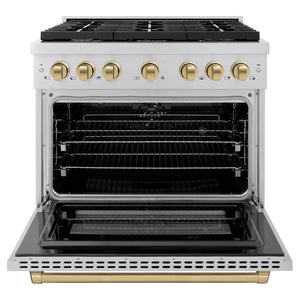 ZLINE - Autograph Edition 36 in. 5.2 cu. ft. Paramount Dual Fuel Range with 6 Burner Gas Cooktop and Electric Convection Oven in Stainless Steel with Champagne Bronze Accents