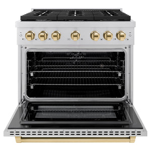 ZLINE - Autograph Edition 36 in. 5.2 cu. ft. Paramount Dual Fuel Range with 6 Burner Gas Cooktop and Electric Convection Oven in Stainless Steel with Polished Gold Accents