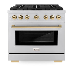 ZLINE - Autograph Edition 36 in. 5.2 cu. ft. Paramount Dual Fuel Range with 6 Burner Gas Cooktop and Electric Convection Oven in Stainless Steel with Polished Gold Accents