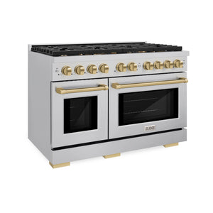 ZLINE - Autograph Edition 48 in. 6.7 cu. ft. Paramount Double Oven Dual Fuel Range with 8 Burner Gas Cooktop in Stainless Steel and Champagne Bronze Accents