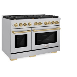 ZLINE - Autograph Edition 48 in. 6.7 cu. ft. Paramount Double Oven Dual Fuel Range with 8 Burner Gas Cooktop in Stainless Steel and Champagne Bronze Accents