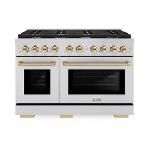 ZLINE - Autograph Edition 48 in. 6.7 cu. ft. Paramount Double Oven Dual Fuel Range with 8 Burner Gas Cooktop in Stainless Steel and Polished Gold Accents
