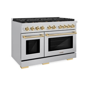ZLINE - Autograph Edition 48 in. 6.7 cu. ft. Paramount Double Oven Dual Fuel Range with 8 Burner Gas Cooktop in Stainless Steel and Polished Gold Accents