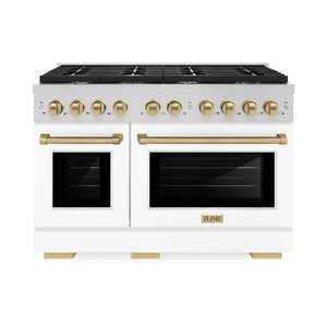 ZLINE - Autograph Edition 48 in. 6.7 cu. ft. Paramount Double Oven Dual Fuel Range with 8 Burner Gas Cooktop in Stainless Steel with White Matte Doors and Champagne Bronze Accents