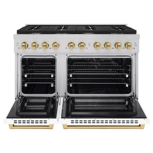 ZLINE - Autograph Edition 48 in. 6.7 cu. ft. Paramount Double Oven Dual Fuel Range with 8 Burner Gas Cooktop in Stainless Steel with White Matte Doors and Champagne Bronze Accents