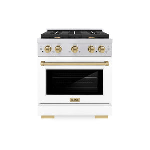 ZLINE - Autograph Edition 30 in. 4.2 cu. ft. Paramount Gas Range with 4 Burner Cooktop and Convection Gas Oven in Stainless Steel with White Matte Door and Champagne Bronze Accents