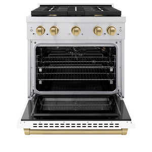 ZLINE - Autograph Edition 30 in. 4.2 cu. ft. Paramount Gas Range with 4 Burner Cooktop and Convection Gas Oven in Stainless Steel with White Matte Door and Champagne Bronze Accents