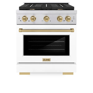 ZLINE - Autograph Edition 30 in. 4.2 cu. ft. Paramount Gas Range with 4 Burner Cooktop and Convection Gas Oven in Stainless Steel with White Matte Door and Champagne Bronze Accents