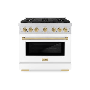 ZLINE - Autograph Edition 36 in. 5.2 cu. ft. Paramount Dual Fuel Range with 6 Burner Gas Cooktop and Electric Convection Oven in Stainless Steel with White Matte Door and Champagne Bronze Accents