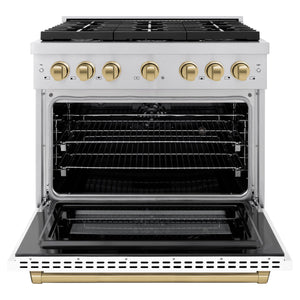 ZLINE - Autograph Edition 36 in. 5.2 cu. ft. Paramount Dual Fuel Range with 6 Burner Gas Cooktop and Electric Convection Oven in Stainless Steel with White Matte Door and Champagne Bronze Accents