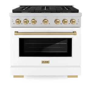ZLINE - Autograph Edition 36 in. 5.2 cu. ft. Paramount Dual Fuel Range with 6 Burner Gas Cooktop and Electric Convection Oven in Stainless Steel with White Matte Door and Champagne Bronze Accents