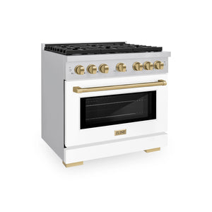 ZLINE - Autograph Edition 36 in. 5.2 cu. ft. Paramount Dual Fuel Range with 6 Burner Gas Cooktop and Electric Convection Oven in Stainless Steel with White Matte Door and Champagne Bronze Accents