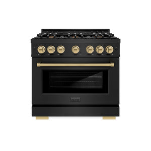 ZLINE - Autograph Edition 36 in. 5.2 cu. ft. Select Dual Fuel Range with 6 Burner Gas Cooktop and Electric Convection Oven in Black Stainless Steel with Champagne Bronze Accents