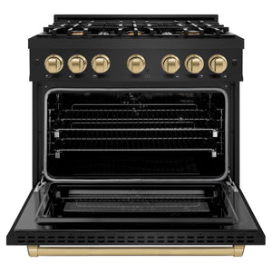 ZLINE - Autograph Edition 36 in. 5.2 cu. ft. Select Dual Fuel Range with 6 Burner Gas Cooktop and Electric Convection Oven in Black Stainless Steel with Champagne Bronze Accents