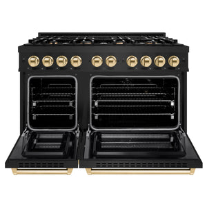 ZLINE - Autograph Edition 48 in. 6.7 cu. ft. Select Double Oven Gas Range with 8 Burner Cooktop in Black Stainless Steel and Polished Gold Accents