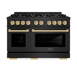 ZLINE - Autograph Edition 48 in. 6.7 cu. ft. Select Double Oven Gas Range with 8 Burner Cooktop in Black Stainless Steel and Polished Gold Accents