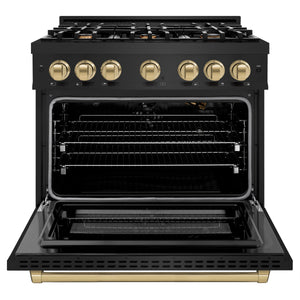 ZLINE - Autograph Edition 36 in. 5.2 cu. ft. Select Gas Range with 6 Burner Cooktop and Convection Gas Oven in Black Stainless Steel and Champagne Bronze Accents