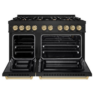 ZLINE - Autograph Edition 48 in. 6.7 cu. ft. Select Double Oven Gas Range with 8 Burner Cooktop in Black Stainless Steel and Champagne Bronze Accents