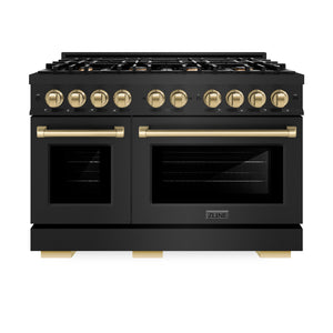 ZLINE - Autograph Edition 48 in. 6.7 cu. ft. Select Double Oven Gas Range with 8 Burner Cooktop in Black Stainless Steel and Champagne Bronze Accents