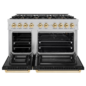 ZLINE - Autograph Edition 48 in. 6.7 cu. ft. Select Double Oven Gas Range with 8 Burner Cooktop in Satin Stainless Steel with Black Matte Doors and Polished Gold Accents