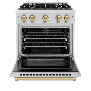 ZLINE - Autograph Edition 30 in. 4.2 cu. ft. Select Dual Fuel Range with 4 Burner Gas Cooktop and Electric Convection Oven in Satin Stainless Steel with Champagne Bronze Accents