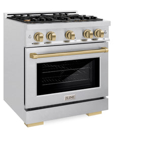 ZLINE - Autograph Edition 30 in. 4.2 cu. ft. Select Dual Fuel Range with 4 Burner Gas Cooktop and Electric Convection Oven in Satin Stainless Steel with Champagne Bronze Accents